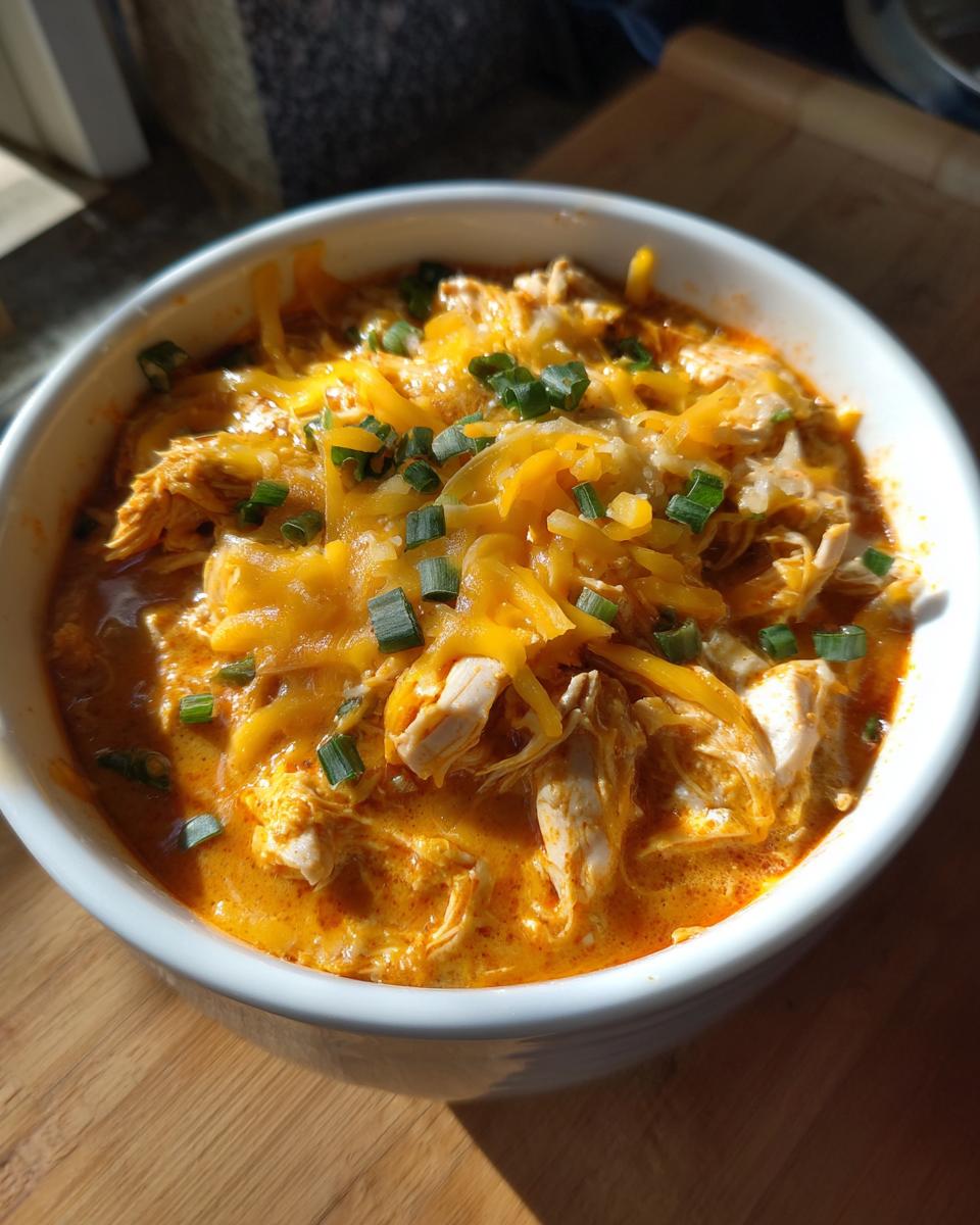 A close-up of a bowl of rich, orange buffalo chicken chili topped with melted shredded cheddar cheese and chopped green onions.