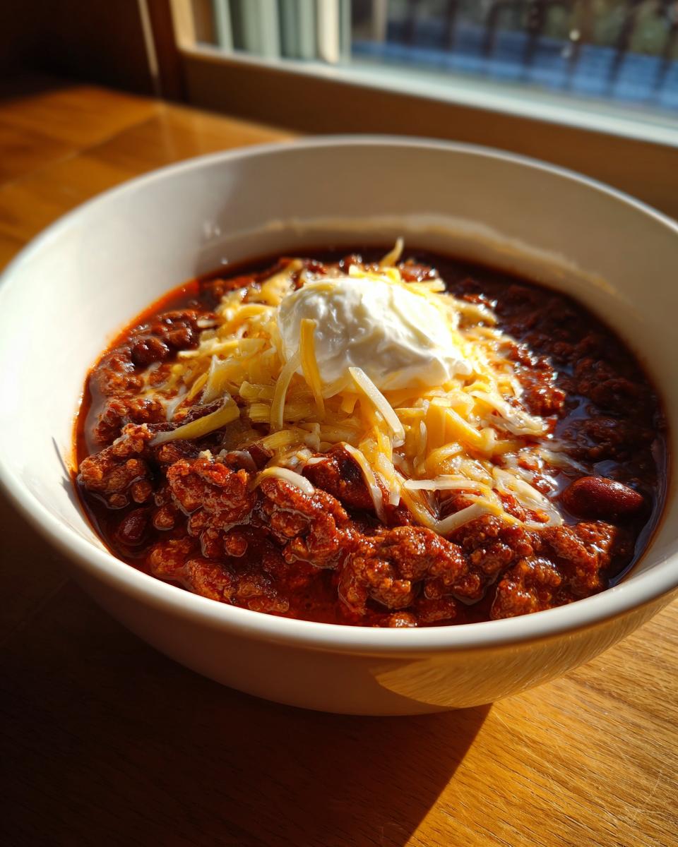 A close-up, sunlit bowl of rich crockpot chili topped with shredded cheddar cheese and a dollop of sour cream.