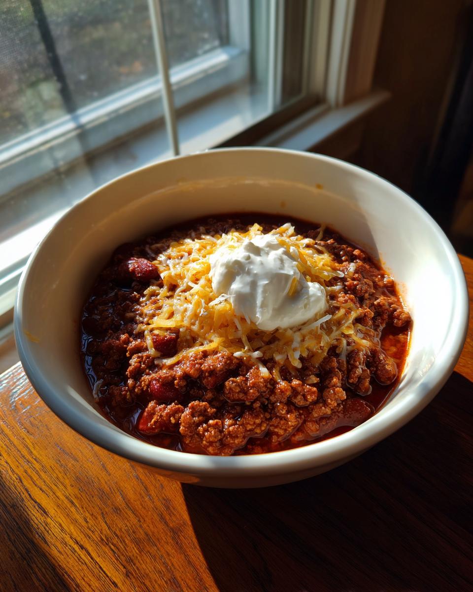 A white bowl filled with rich crockpot chili, topped with shredded cheddar cheese and a dollop of sour cream.