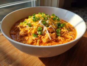A white bowl filled with creamy, shredded buffalo chicken chili, topped with shredded cheese and sliced green onions.