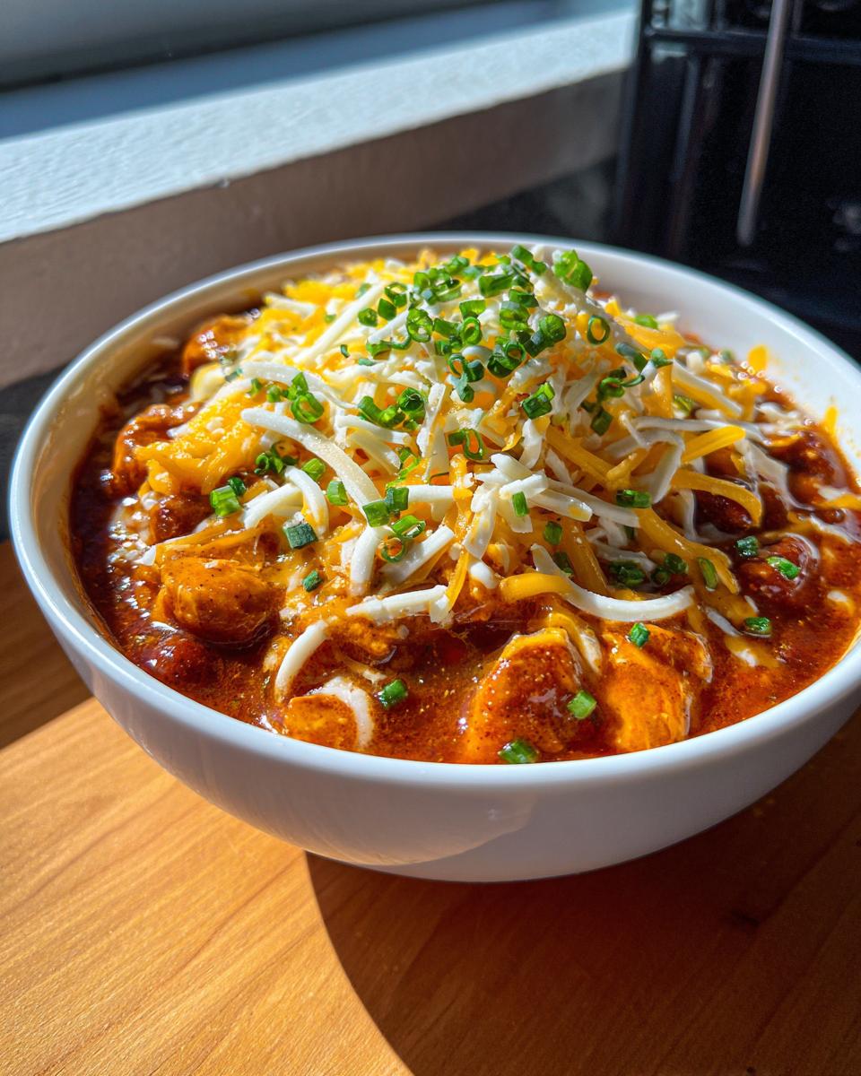 A white bowl filled with rich buffalo chicken chili, generously topped with shredded cheddar and Monterey Jack cheese and chopped chives.