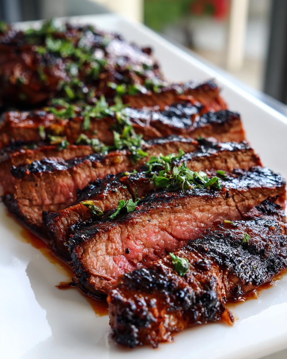 Close-up of medium-rare steak slices showing char marks, resting on a white platter, ready after using the Carne asada marinade.