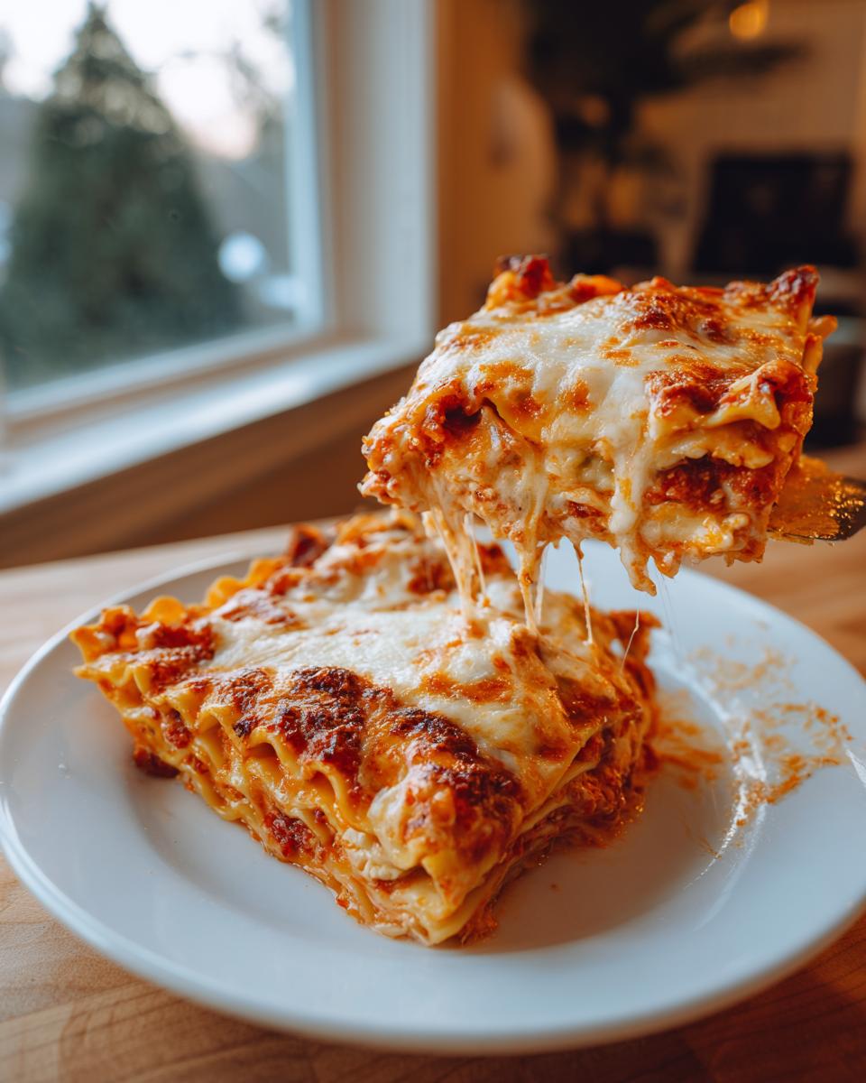 A serving of baked ravioli lifted from a plate, showing extreme cheese pull over the layered pasta and sauce.