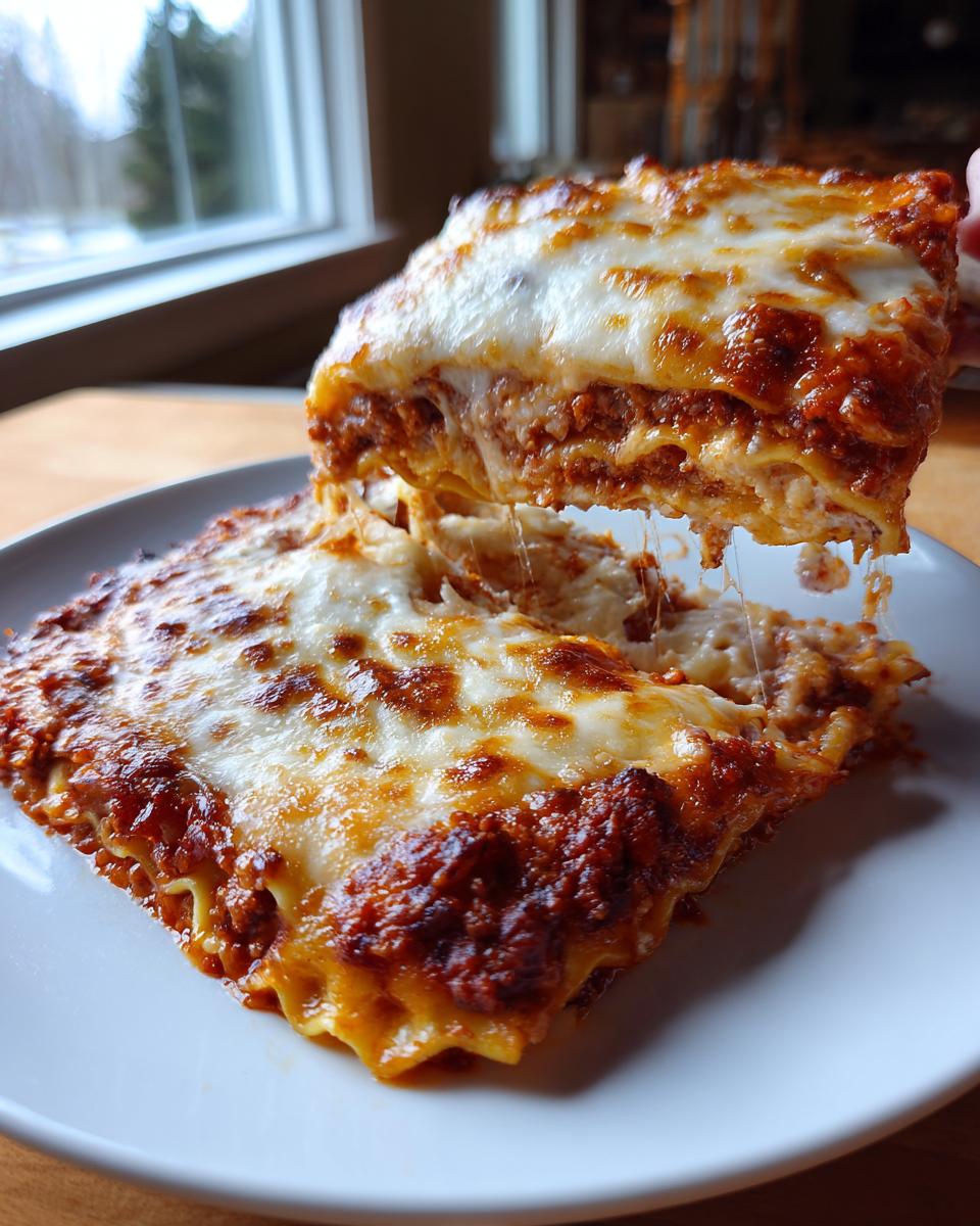 A cheesy slice of baked ravioli being lifted, showing a delicious cheese pull over another serving.