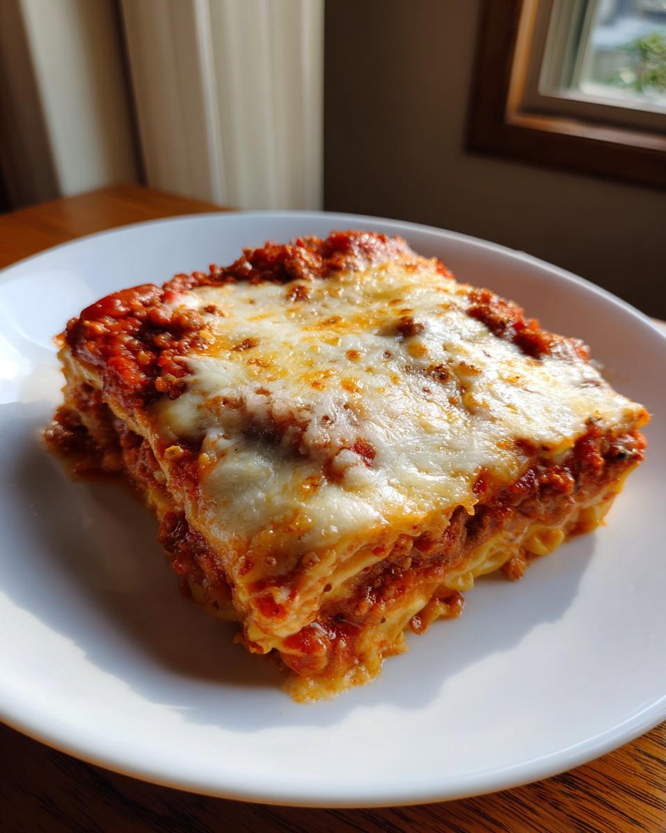 A square serving of cheesy baked ravioli layered with rich meat sauce, served on a white plate.