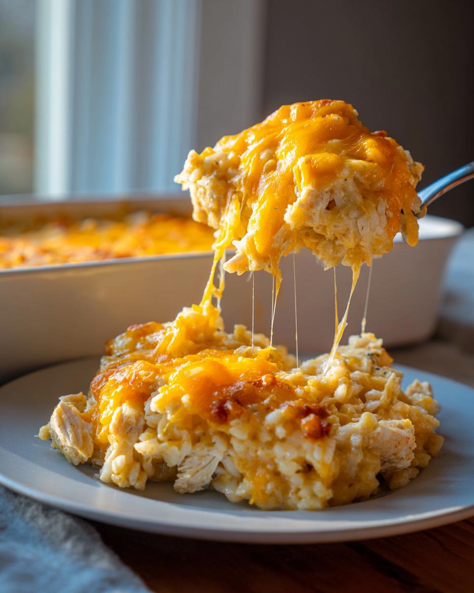 A spoonful of cheesy chicken and rice casserole showing extreme cheese pull, served on a plate.