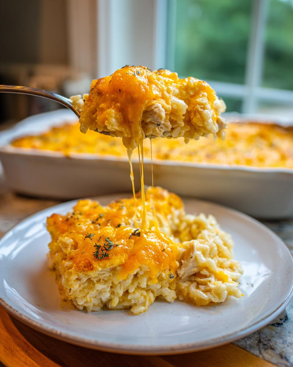 A spoonful of cheesy chicken and rice is lifted, showing long, melted cheese strings over a portion served on a plate.