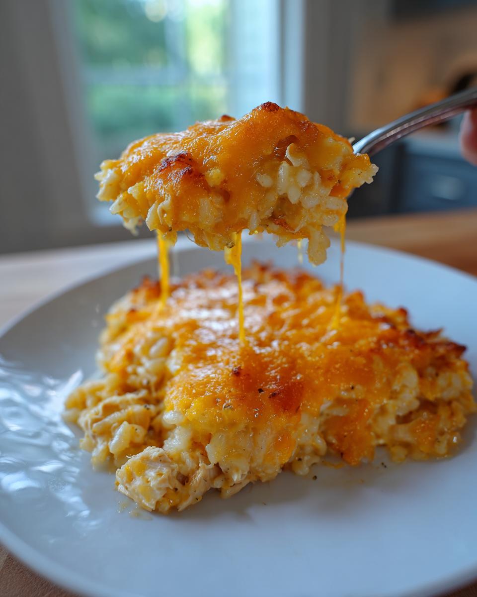 A fork lifts a scoop of creamy, baked cheesy chicken and rice, showing melted cheese strings dripping back onto the serving below.