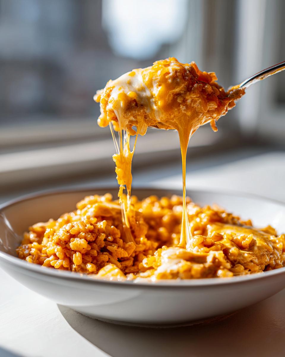 A spoonful of creamy, orange cheesy chicken and rice being lifted from a bowl, showing long, dramatic cheese pulls.