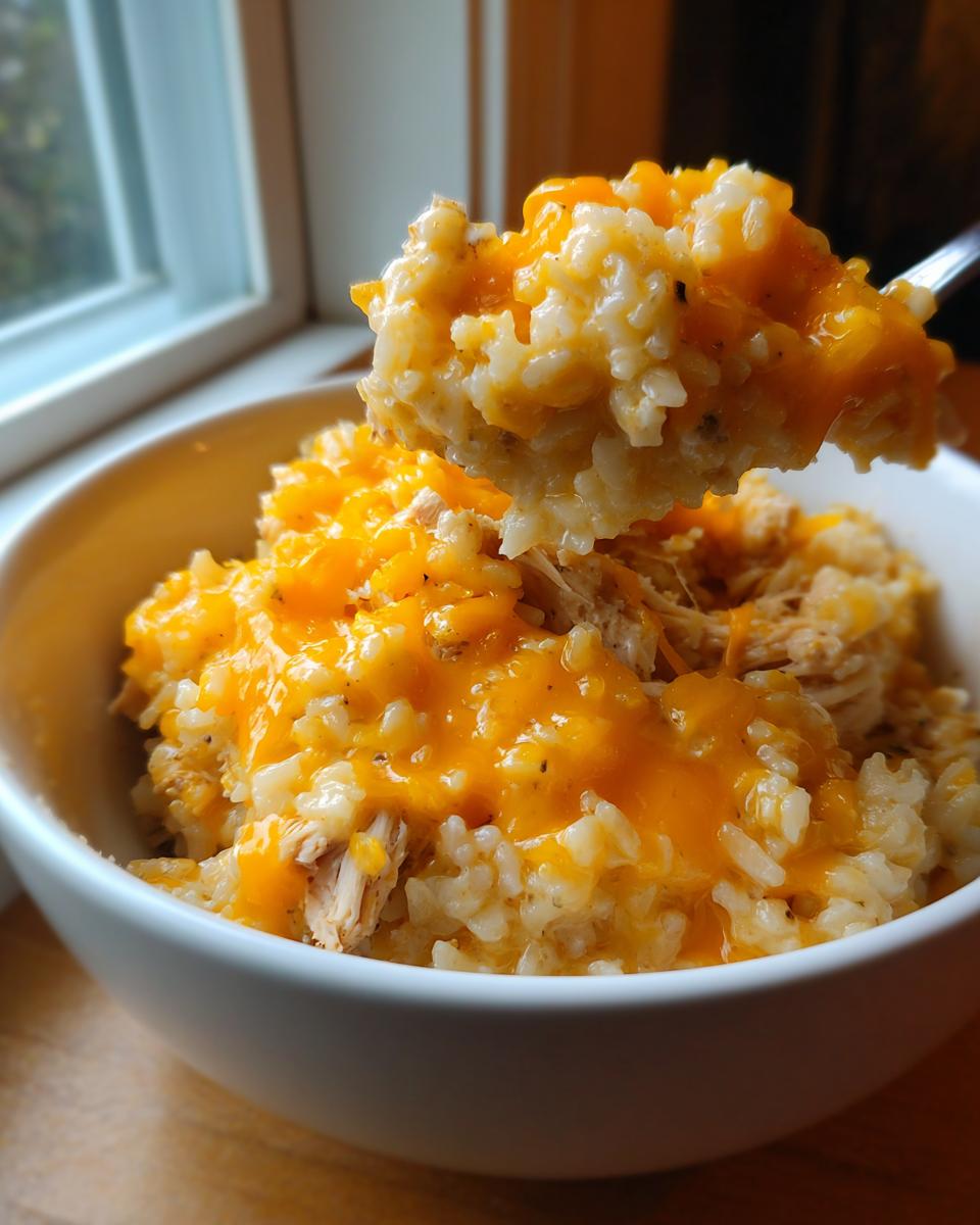 A spoonful of creamy crock pot chicken and rice topped generously with melted cheddar cheese.
