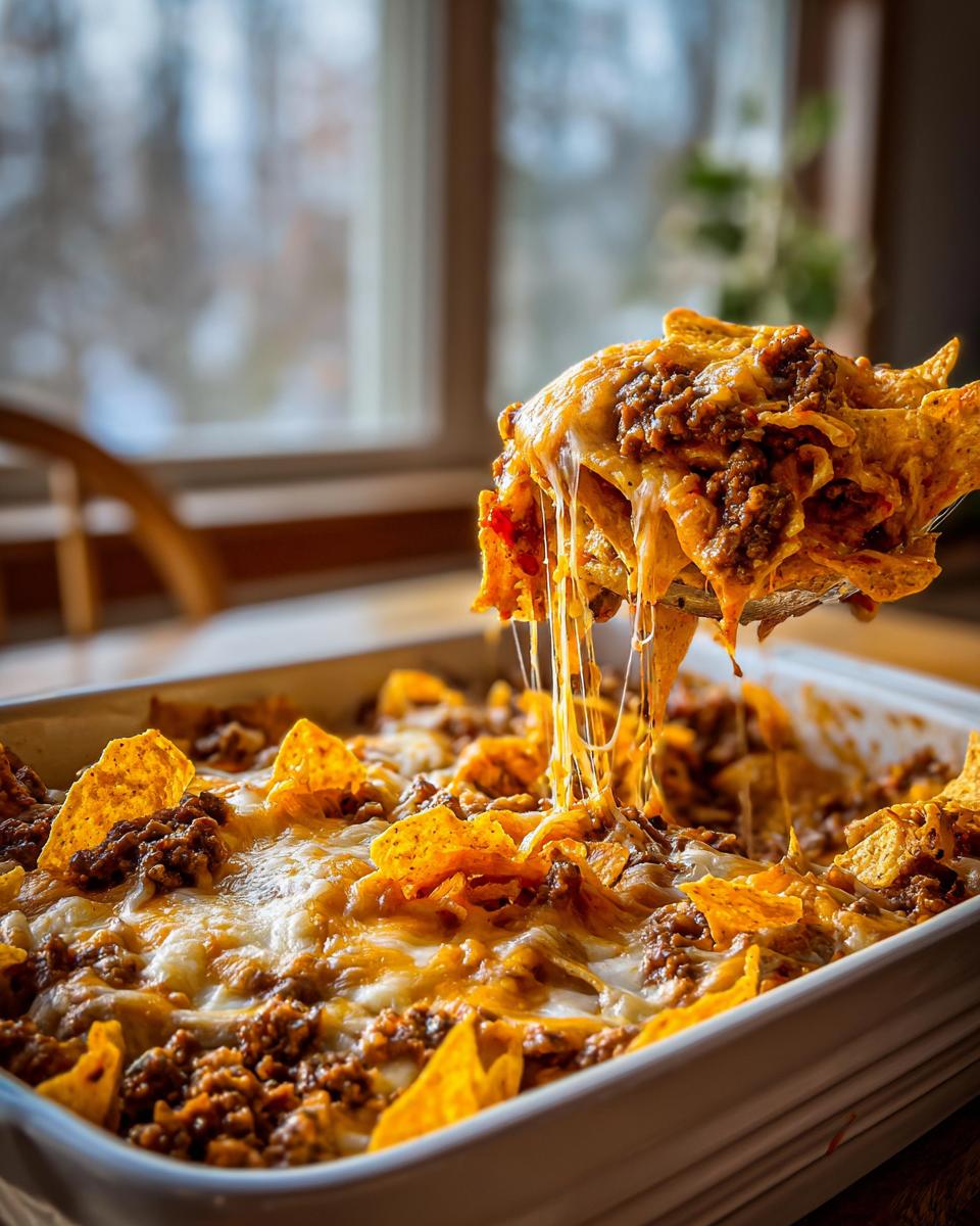 A spoonful of cheesy Dorito Casserole being lifted, showing long cheese pulls over ground meat and chips.