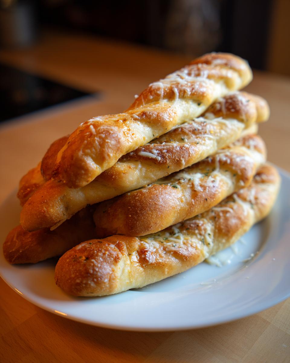 A stack of golden brown, cheesy garlic breadsticks piled high on a white plate.