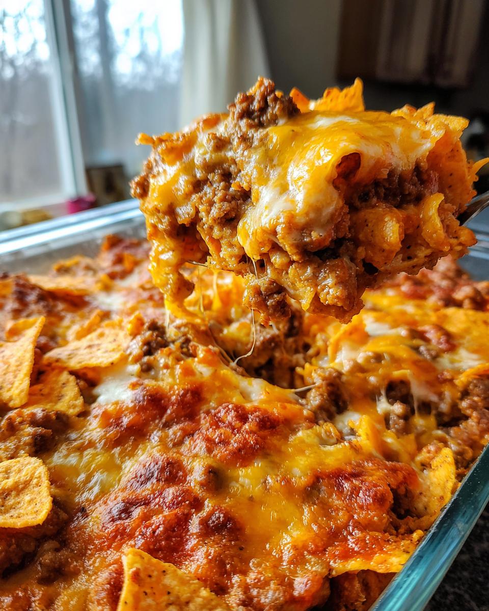A spoonful of cheesy, meaty Dorito Casserole being lifted from the baking dish, showing melted cheese strings.