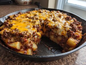 A hearty serving of Cheesy Taco Potatoes baked in a cast iron skillet, showing layers of potatoes and seasoned ground beef topped with melted cheddar cheese.