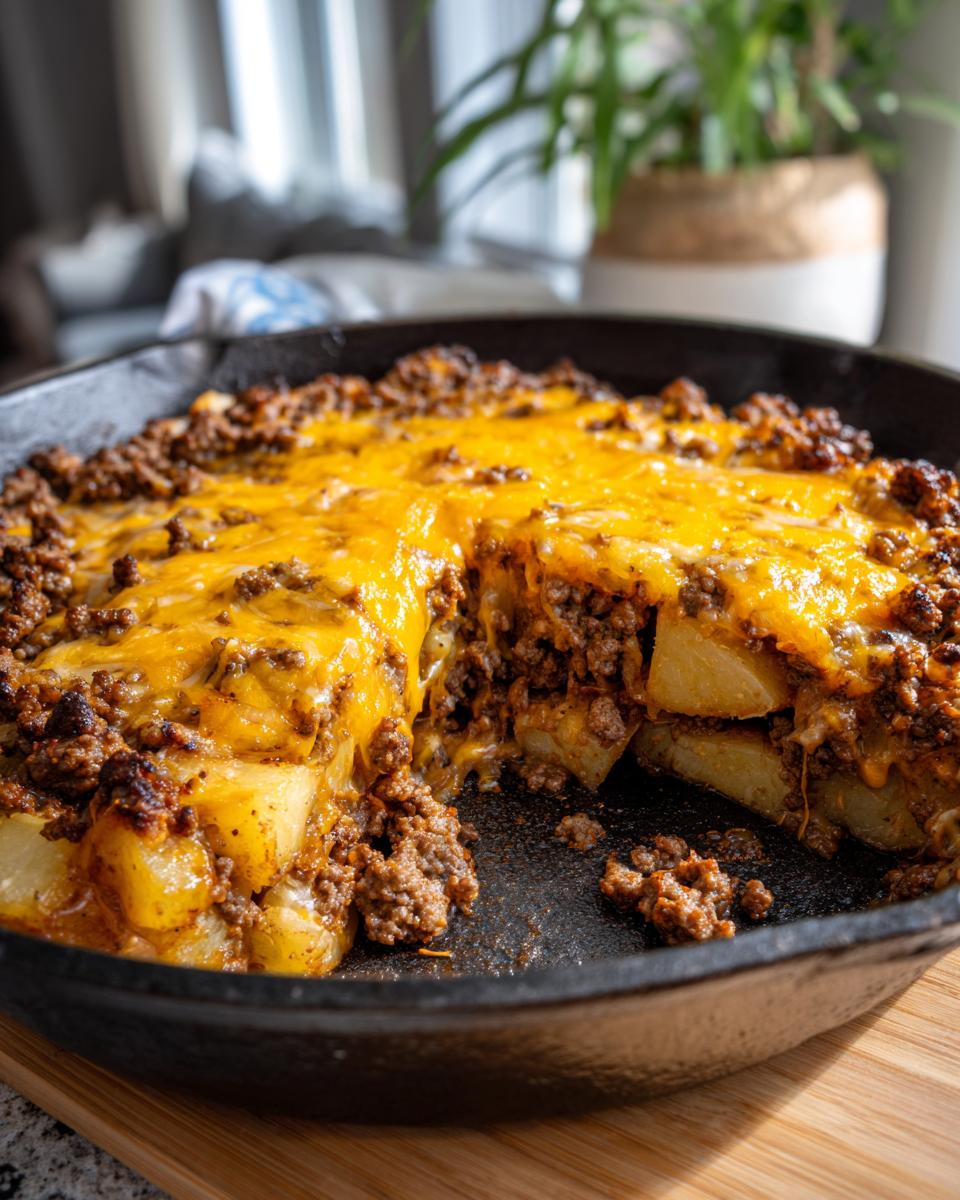 A close-up of Cheesy Taco Potatoes layered with seasoned ground beef and melted cheddar cheese in a black cast iron skillet.
