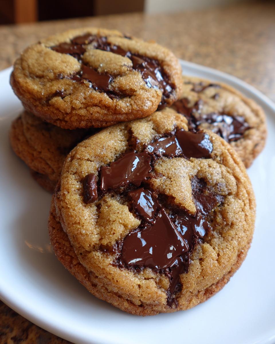 Close-up of freshly baked chewy chocolate chip cookies stacked on a white plate with gooey melted chocolate pools.