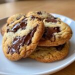 Close-up of several perfectly baked chewy chocolate chip cookies stacked on a white plate with melted chocolate pools.