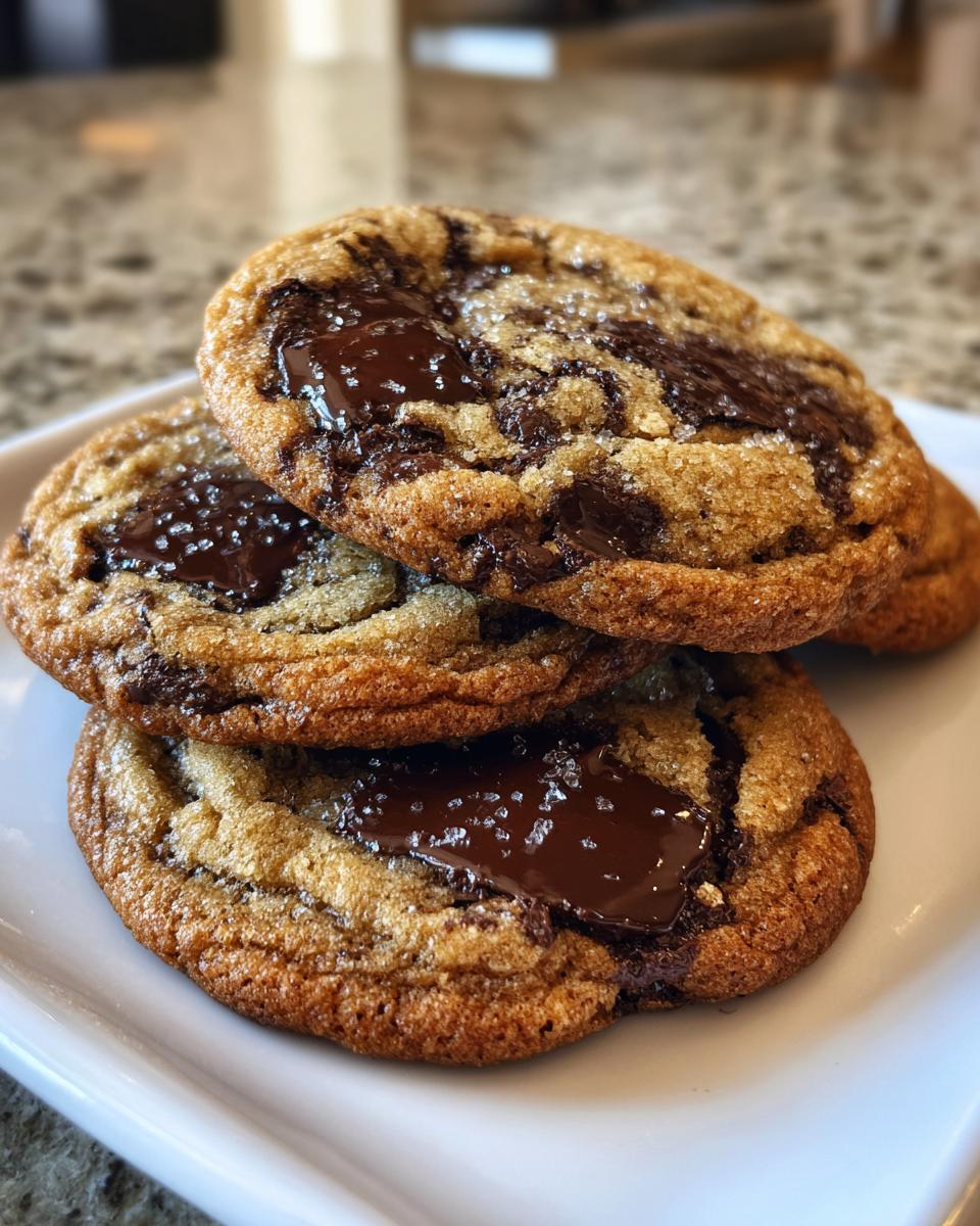Close-up of a stack of three chewy chocolate chip cookies featuring pools of melted dark chocolate and sprinkled sea salt.