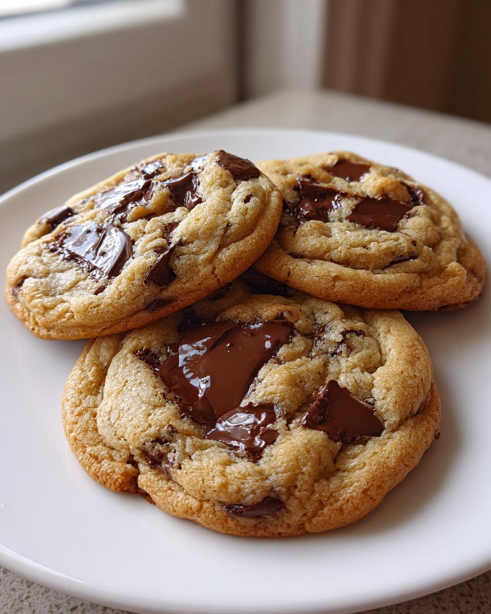 Three perfectly baked chewy chocolate chip cookies stacked slightly on a white plate, featuring pools of melted chocolate.