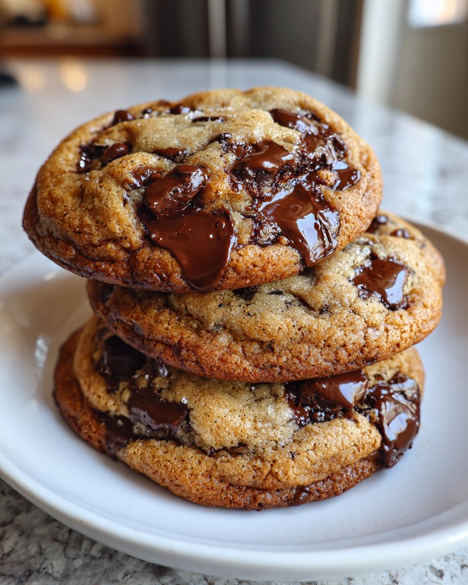 A stack of three perfectly baked, chewy chocolate chip cookies with gooey, melted chocolate pools on top.
