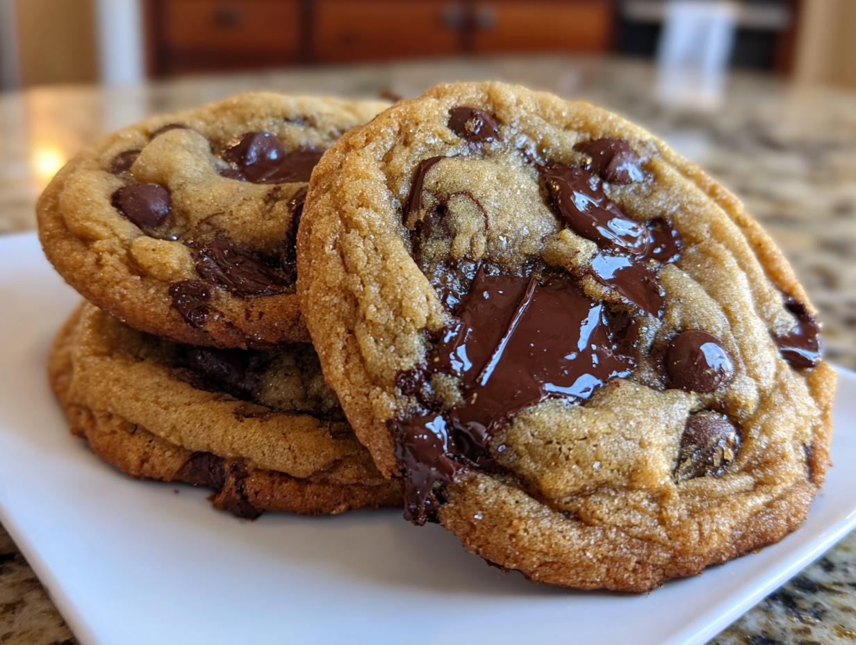 Close-up of three freshly baked chewy chocolate chip cookies stacked on a white plate with gooey, melted chocolate.