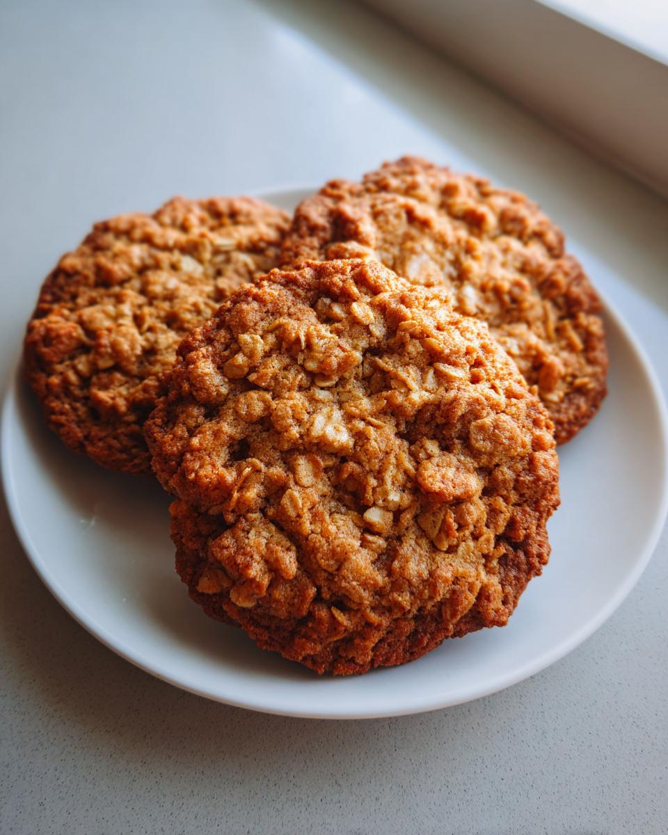 Three golden brown, chewy oatmeal cookie treats stacked slightly on a small white plate near a window.