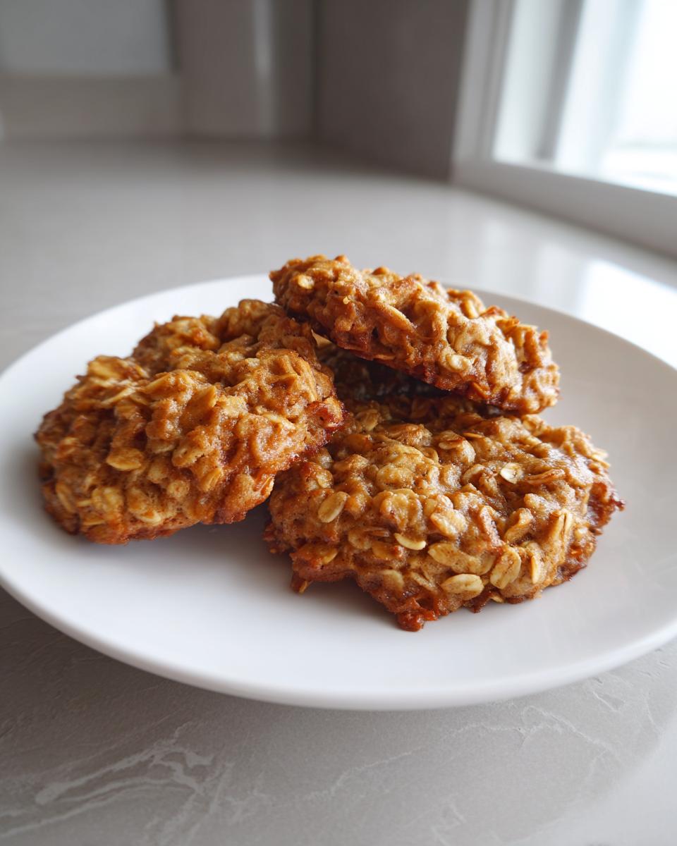 A close-up of four golden brown oatmeal cookie treats stacked slightly on a white plate.