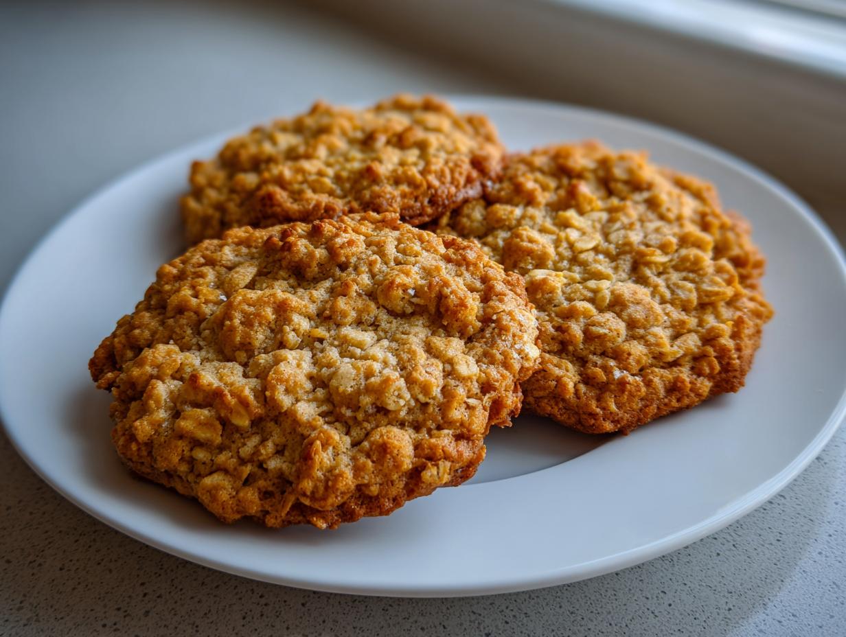 Three golden brown, textured oatmeal cookie treats displayed closely on a white plate.