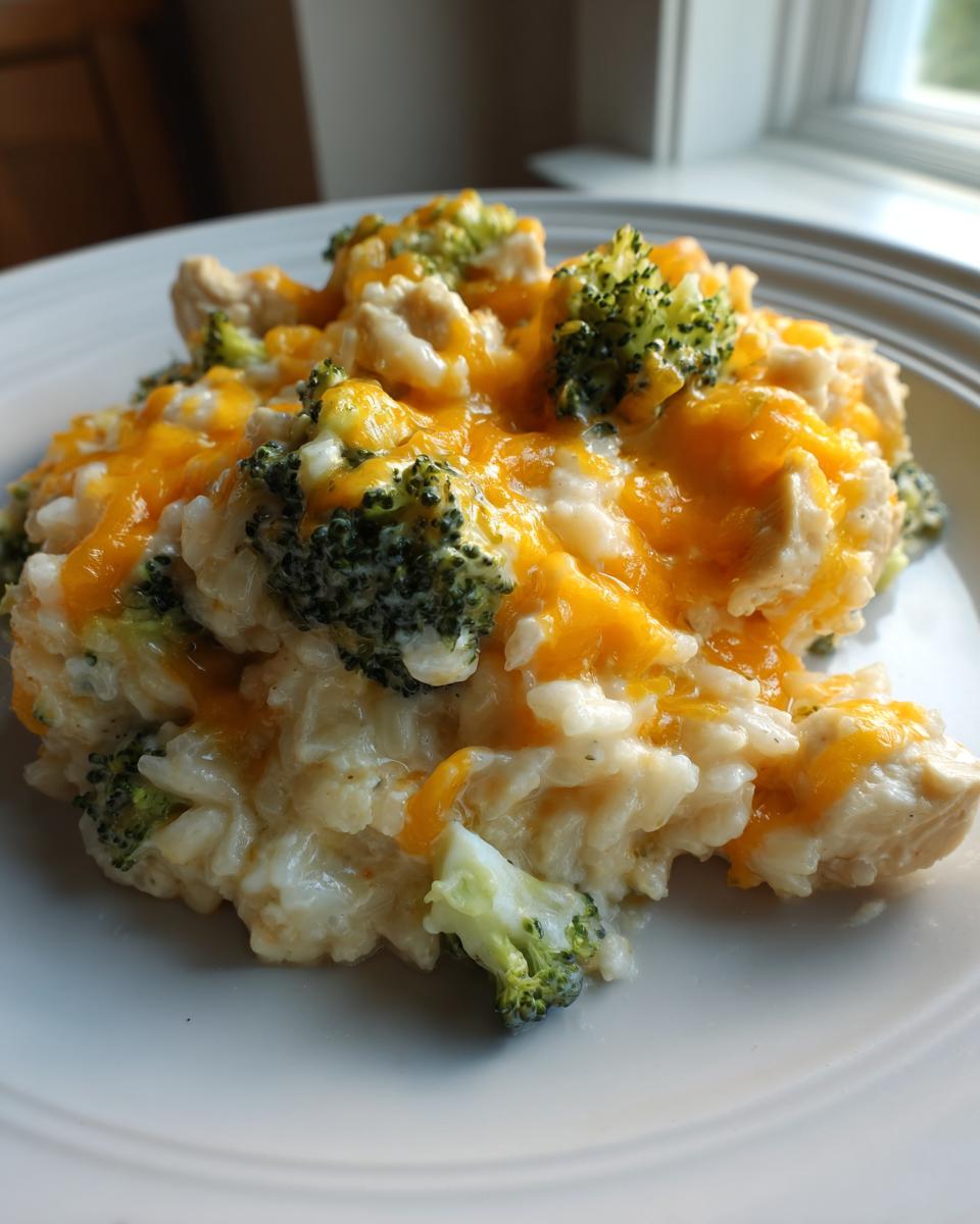 A close-up serving of creamy chicken broccoli rice casserole topped generously with melted orange cheddar cheese.