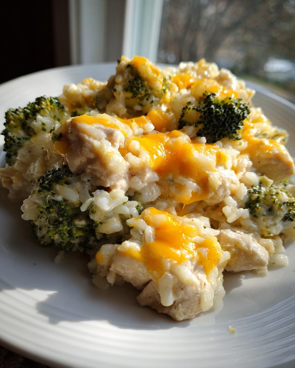 Close-up of a serving of creamy chicken broccoli rice casserole topped with melted cheddar cheese.