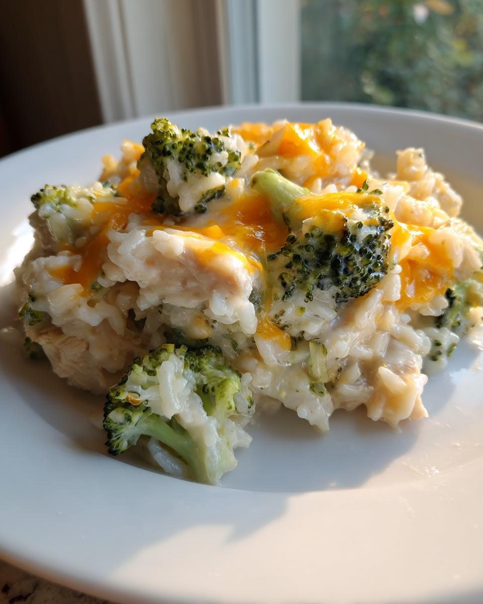 Close-up of a serving of creamy chicken broccoli rice casserole topped with melted cheddar cheese on a white plate.
