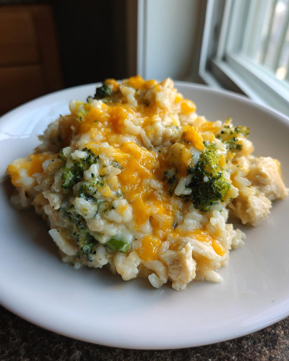 A close-up serving of creamy chicken broccoli rice casserole topped with melted cheddar cheese on a white plate.