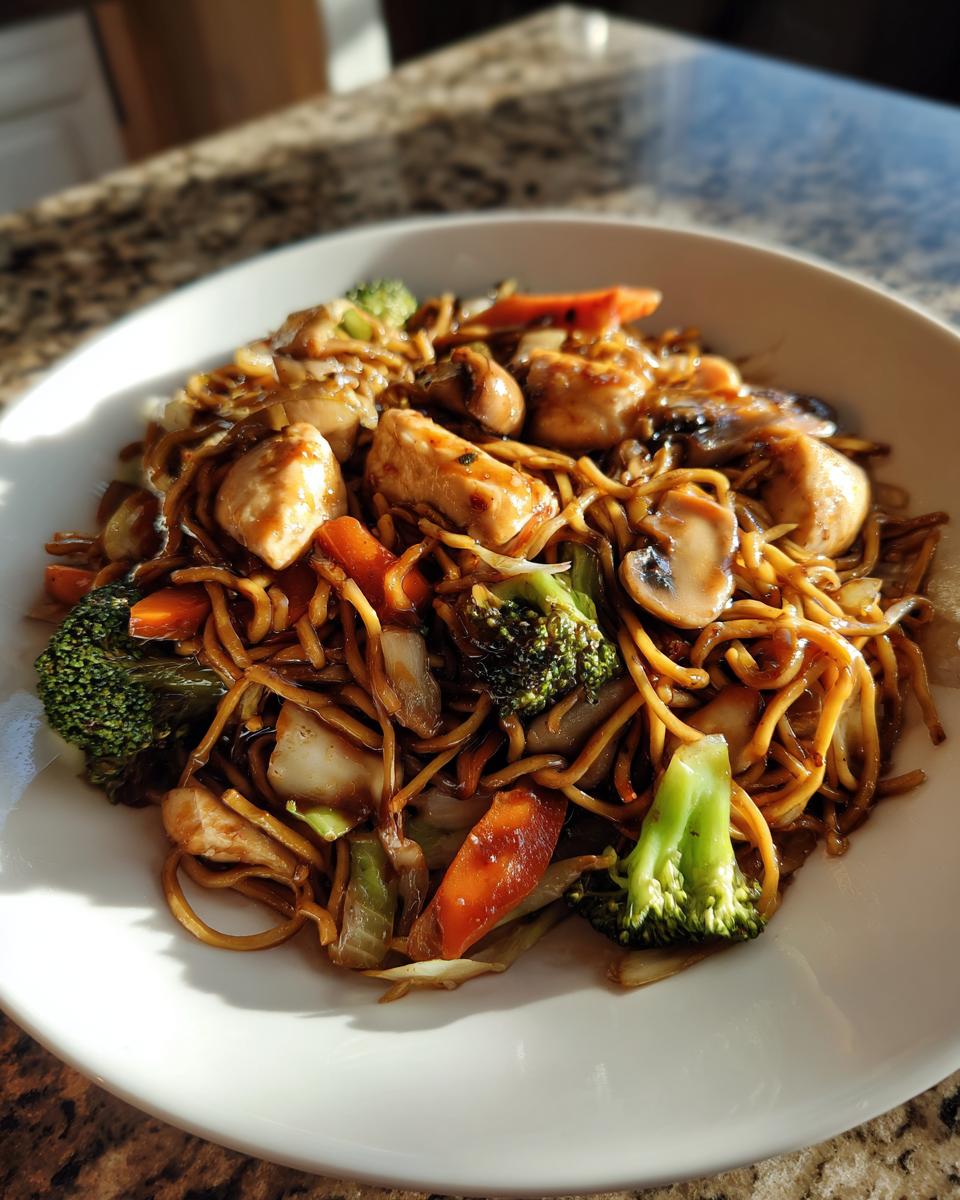 A close-up of a white bowl filled with homemade chicken chow mein recipe, featuring noodles, chicken pieces, broccoli, carrots, and mushrooms.