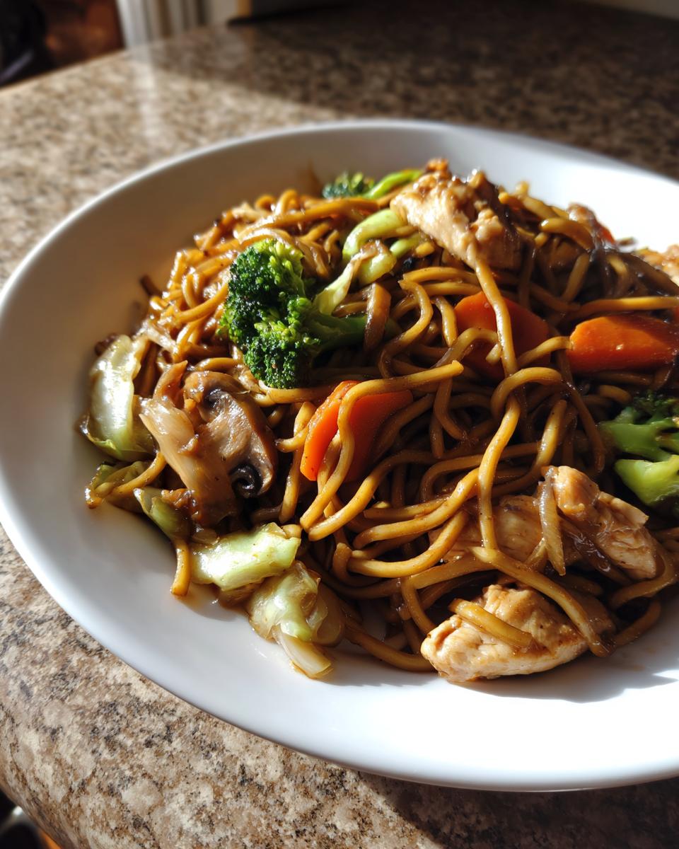 A close-up of a white bowl filled with savory chicken chow mein recipe noodles, chicken pieces, broccoli, and carrots.