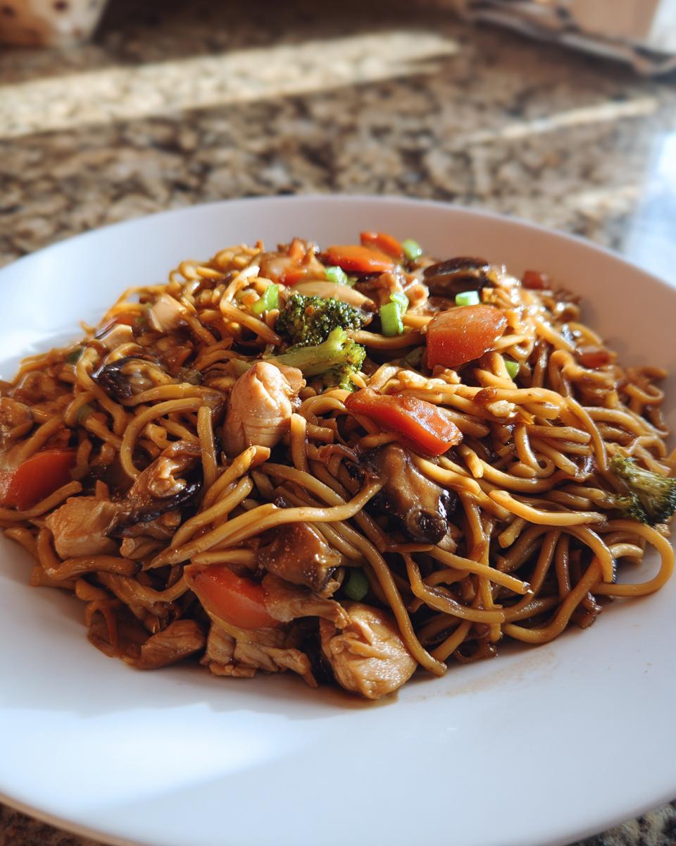 A close-up of a serving of homemade chicken chow mein recipe with noodles, chicken pieces, broccoli, carrots, and mushrooms.