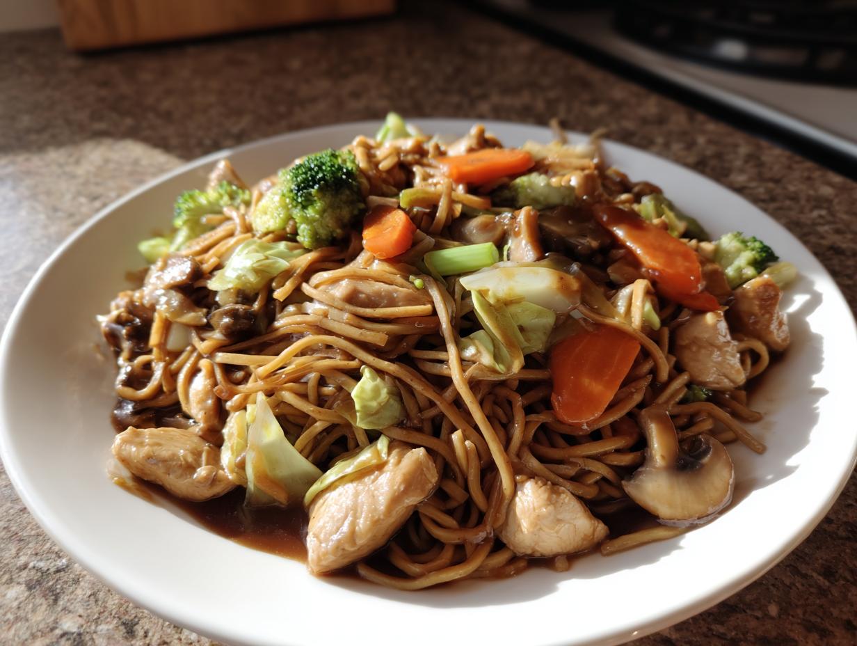 A close-up of a plate piled high with homemade chicken chow mein recipe, featuring noodles, chicken pieces, broccoli, carrots, and mushrooms.