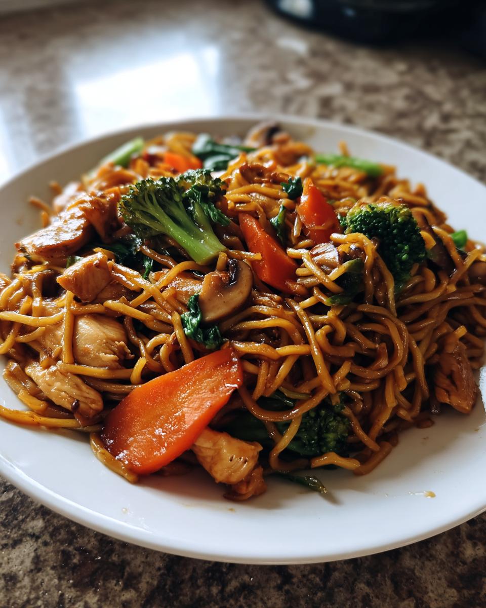 A close-up of a serving of homemade chicken chow mein recipe with noodles, chicken pieces, broccoli, and carrots.