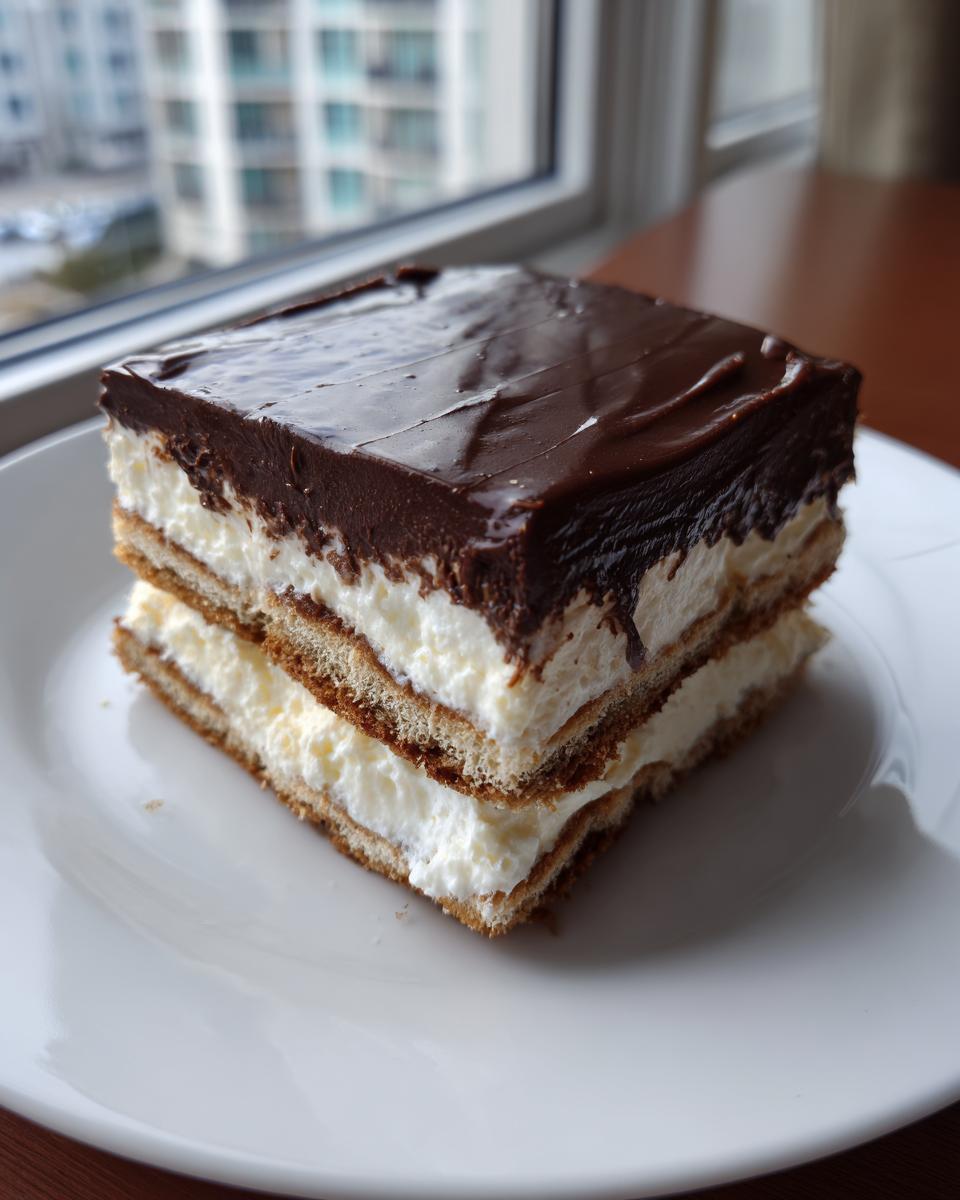 A square slice of chocolate eclair cake featuring layers of creamy filling, graham crackers, and a rich chocolate glaze.
