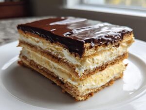 A perfect square slice of chocolate eclair cake showing layers of pastry, cream filling, and a glossy chocolate topping.