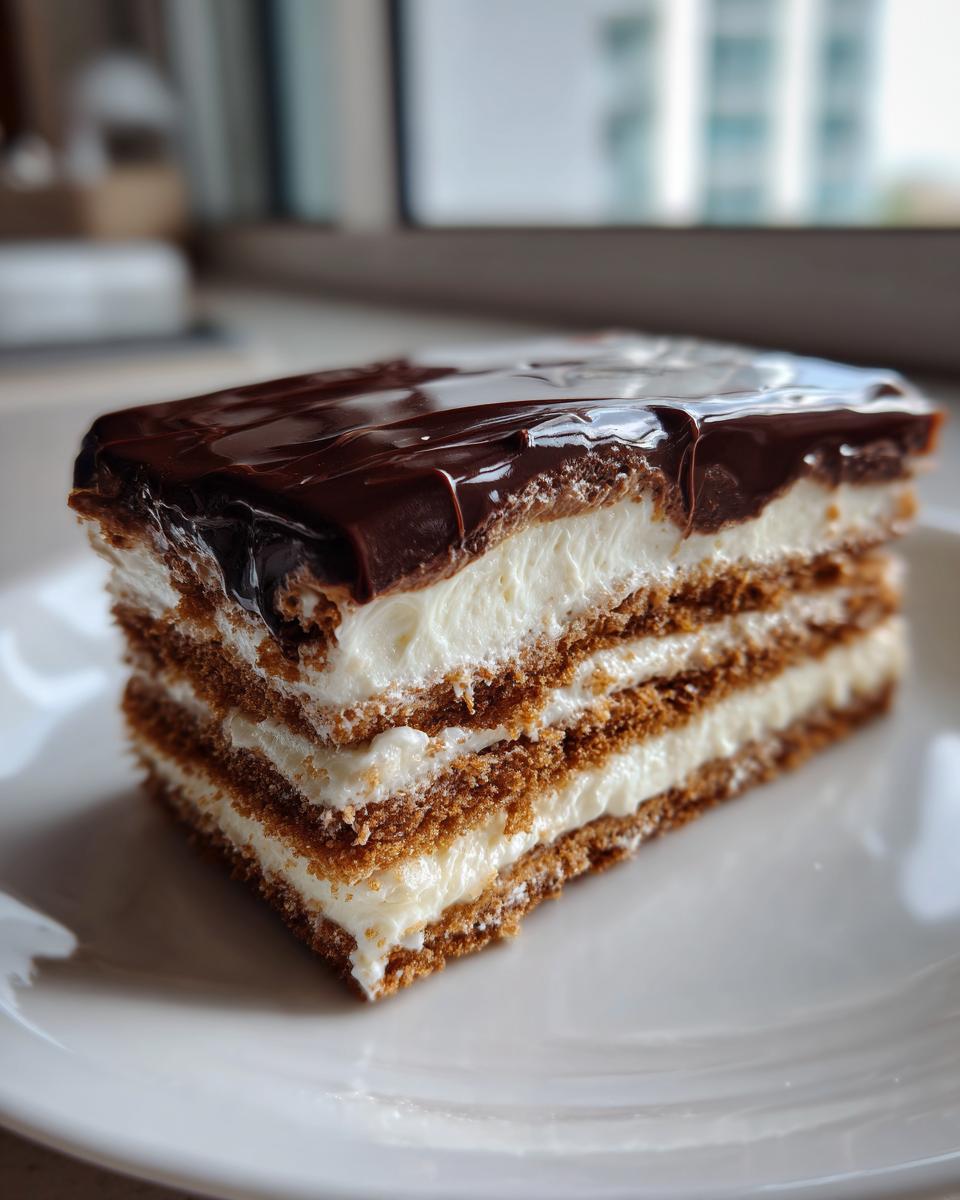 A perfect slice of chocolate eclair cake showing layers of brown cake, white cream filling, and glossy chocolate ganache topping.