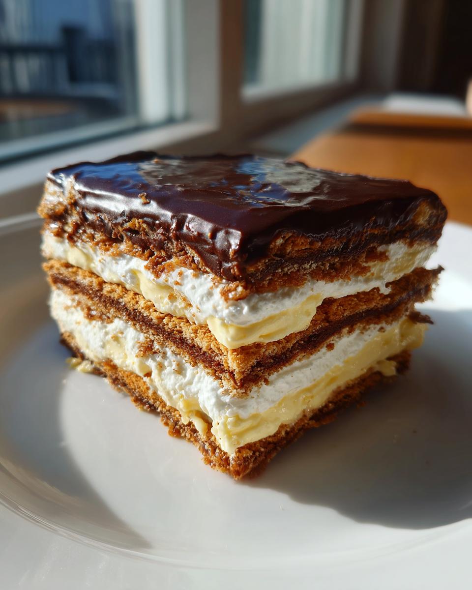 A decadent slice of chocolate eclair cake showing layers of graham cracker, vanilla cream, whipped topping, and a chocolate glaze.