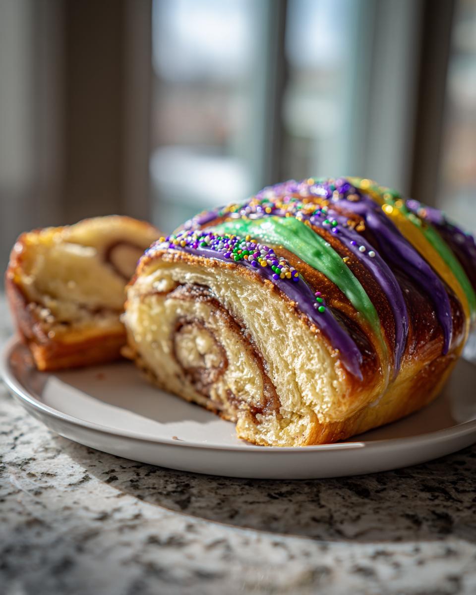 Close-up of a freshly baked King Cake loaf, sliced to show the cinnamon swirl interior and topped with purple, green, and gold icing and sprinkles.