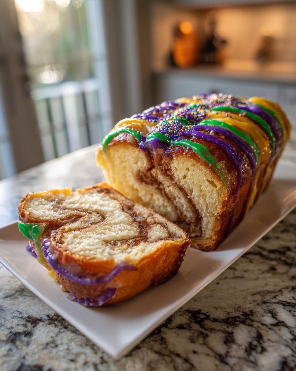 A loaf of King Cake, partially sliced, showing a cinnamon swirl interior and topped with purple, green, and gold Mardi Gras icing and sprinkles.
