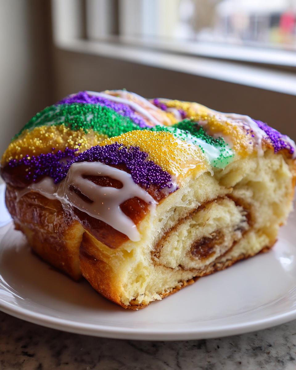 A close-up of a slice of rich, brioche-style King Cake showing a cinnamon swirl filling and topped with purple, green, and gold sprinkles.
