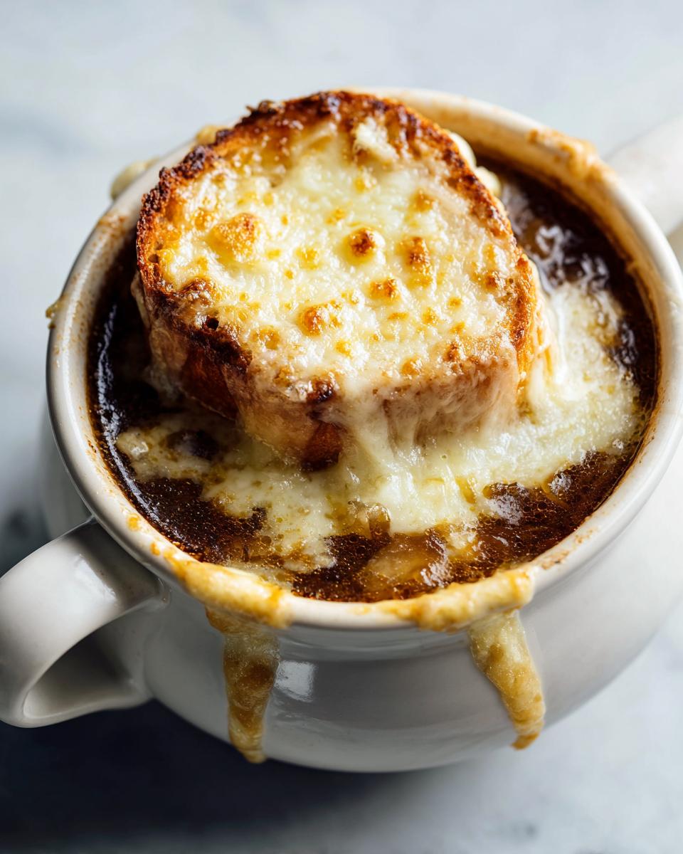 Close-up of a bowl of rich french onion soup topped with a toasted crouton covered in bubbly, melted Gruyère cheese.
