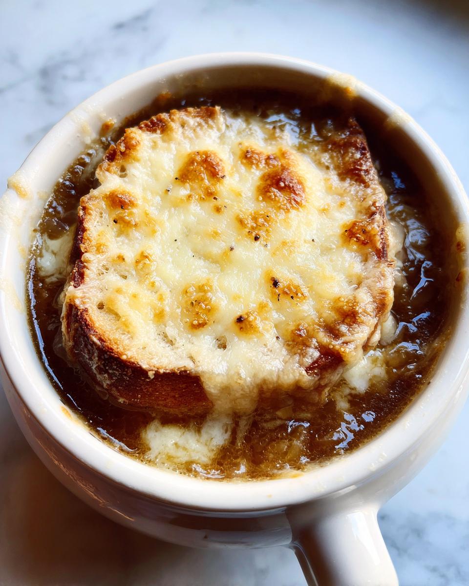 Close-up of a bowl of rich french onion soup topped with a crouton covered in bubbly, melted Gruyère cheese.