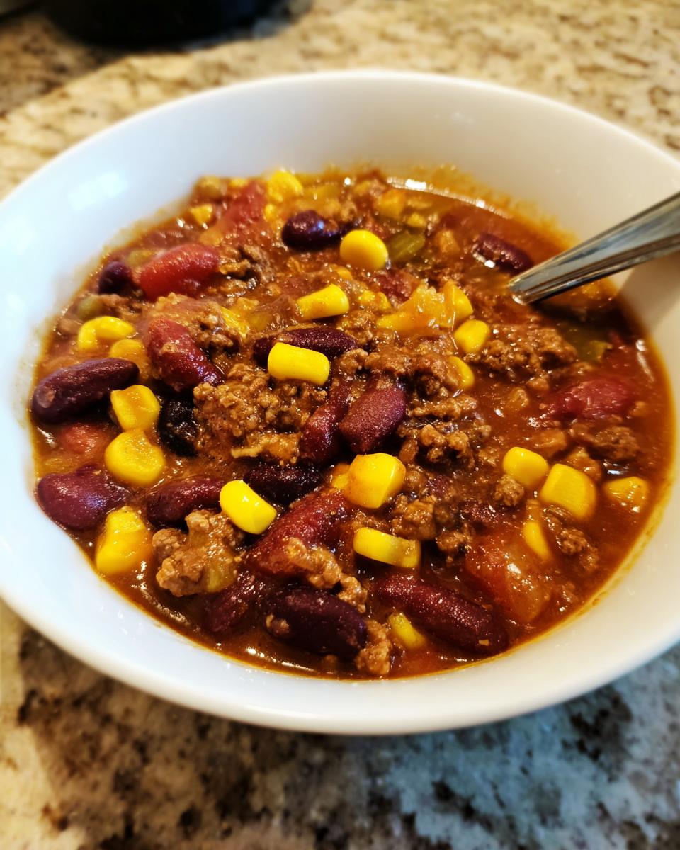 Close-up of a white bowl filled with rich, meaty cowboy soup featuring kidney beans and bright yellow corn kernels.