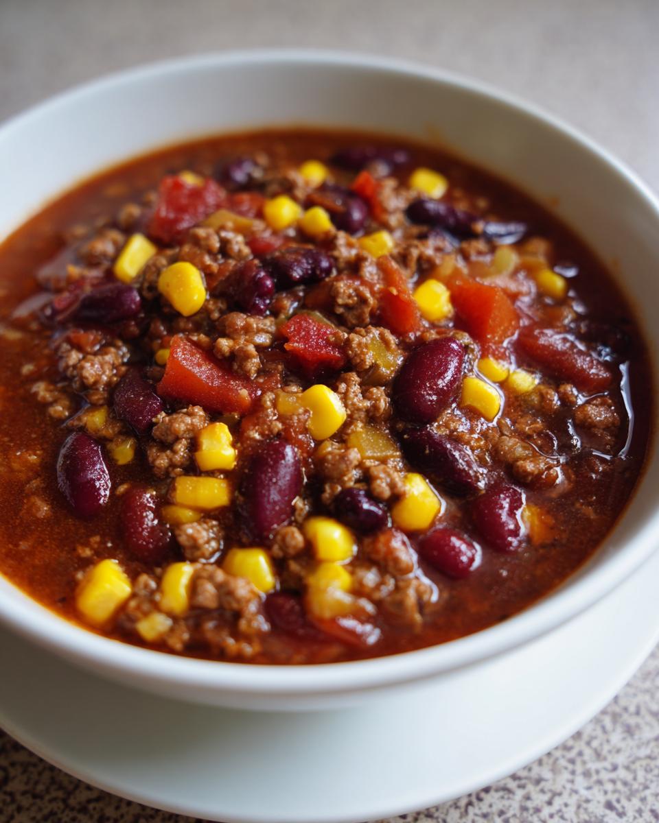 Close-up of a white bowl filled with rich, thick cowboy soup featuring ground beef, kidney beans, corn, and tomatoes.