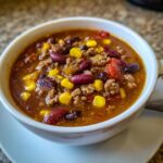 Close-up of a white bowl filled with rich, savory cowboy soup featuring ground beef, kidney beans, and bright yellow corn.