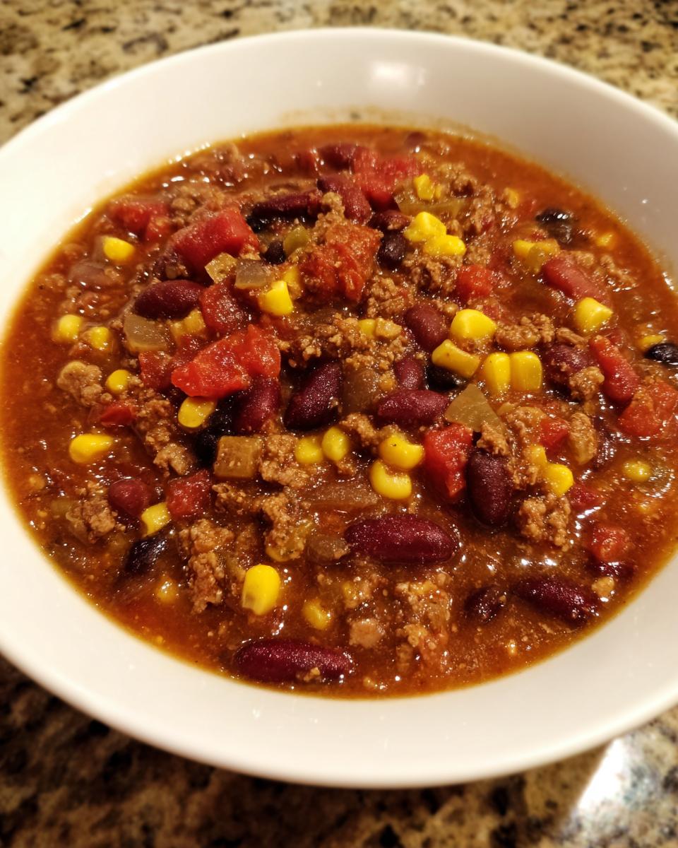 Close-up of a white bowl filled with rich, thick cowboy soup featuring ground beef, kidney beans, corn, and diced tomatoes.